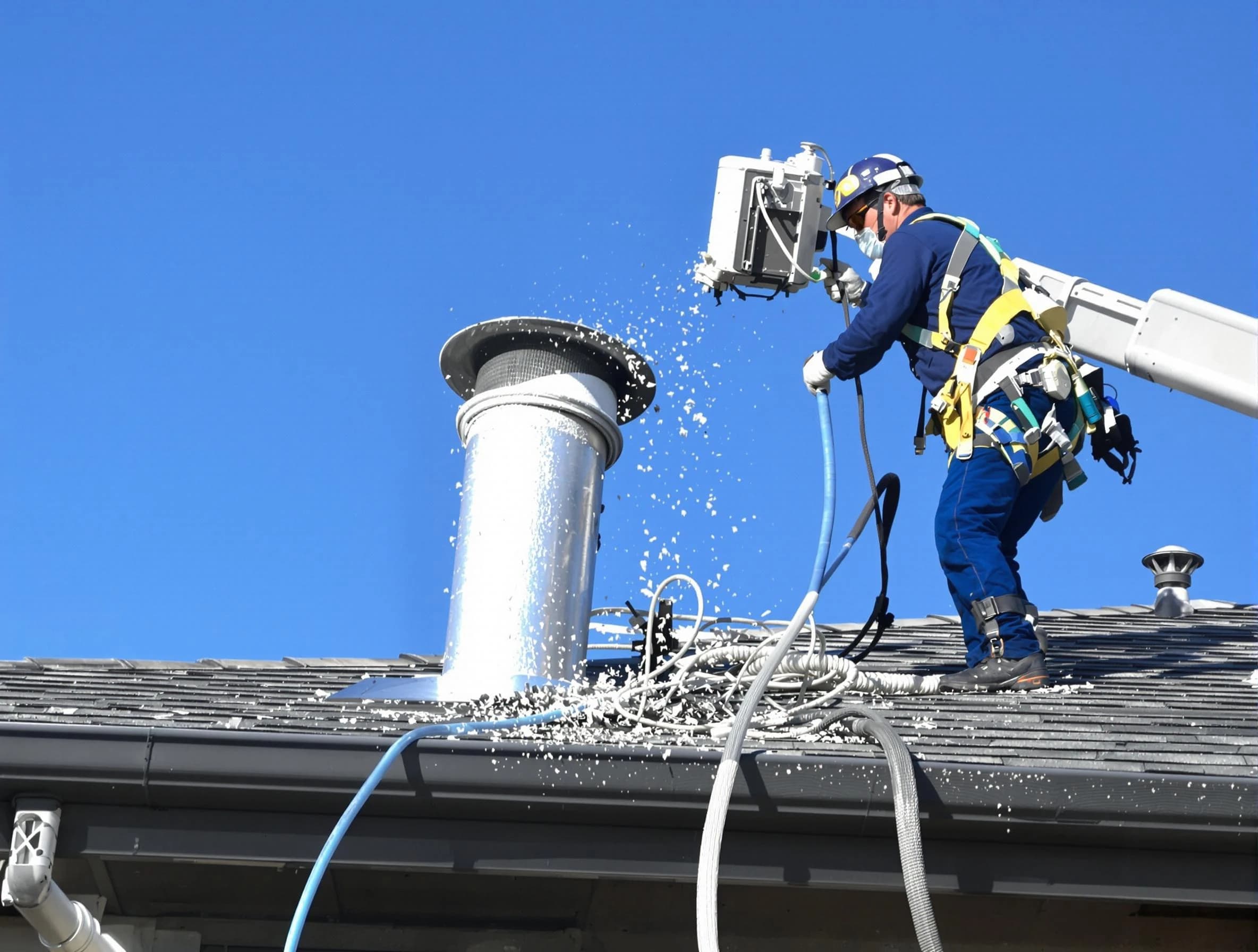 Lowell Dryer Vent Cleaning certified technician safely cleaning a roof-mounted dryer vent in Lowell