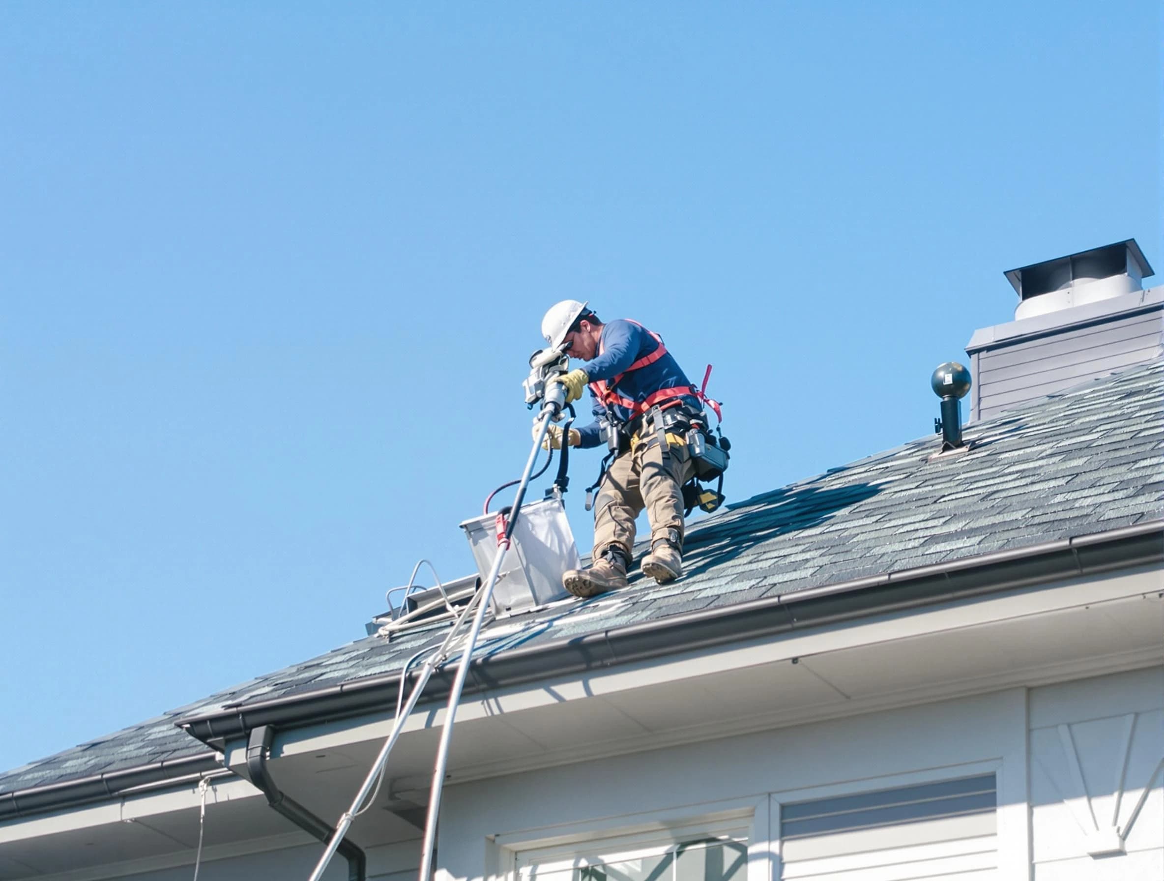 Lowell Dryer Vent Cleaning certified technician cleaning a roof-mounted dryer vent system in Lowell
