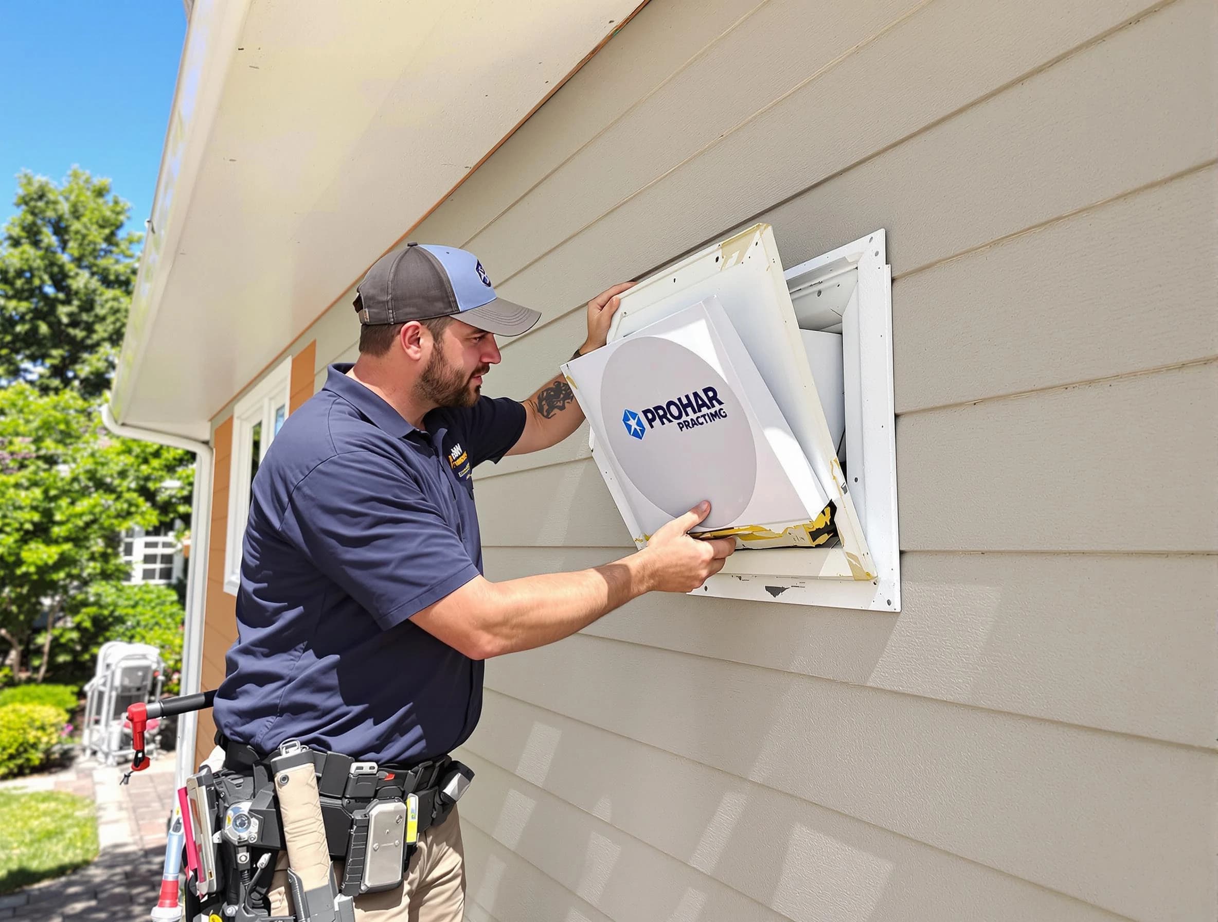 Lowell Dryer Vent Cleaning technician installing a new protective dryer vent cover on a home in Lowell