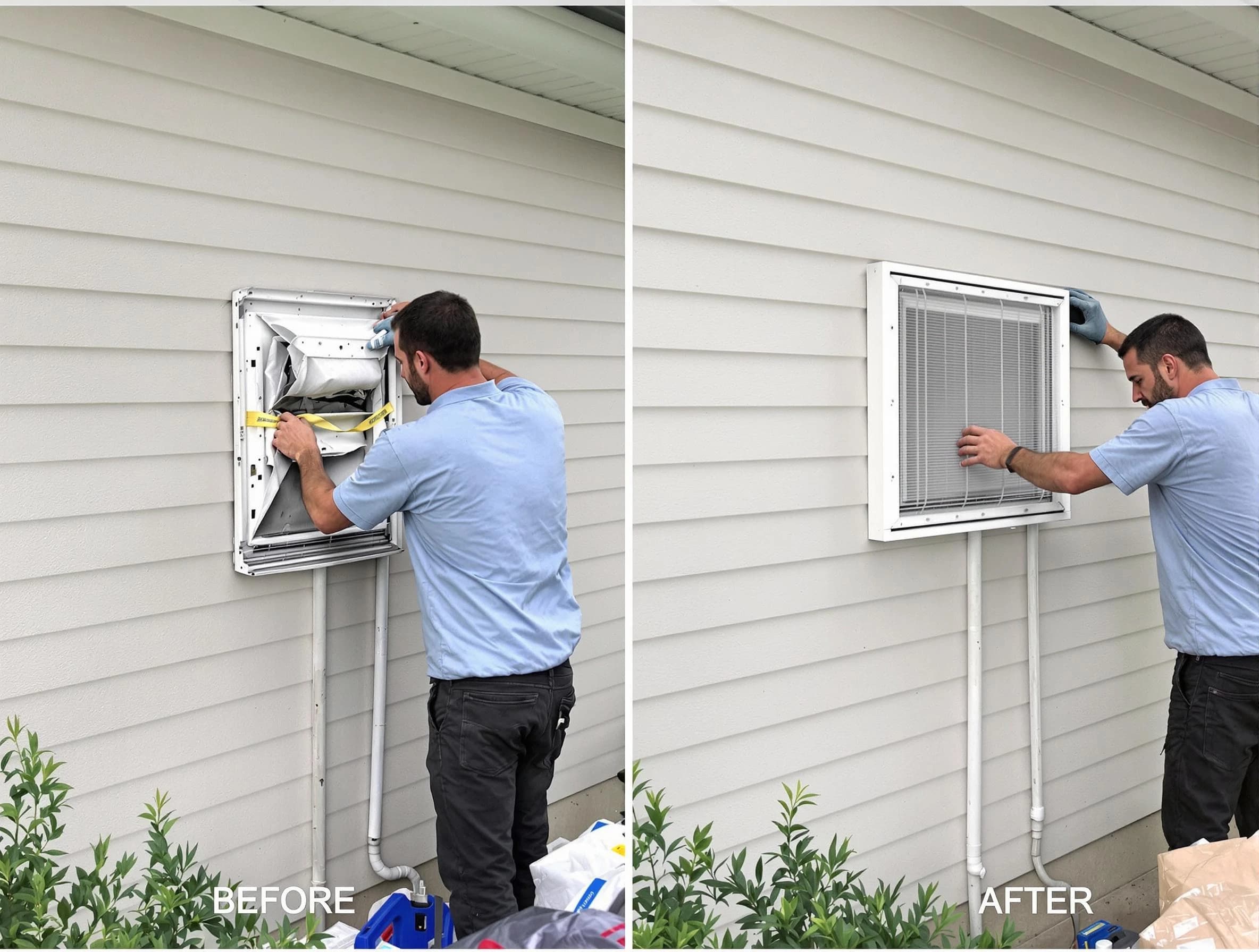 Lowell Dryer Vent Cleaning technician installing high-quality dryer vent cover at a residential property in Lowell