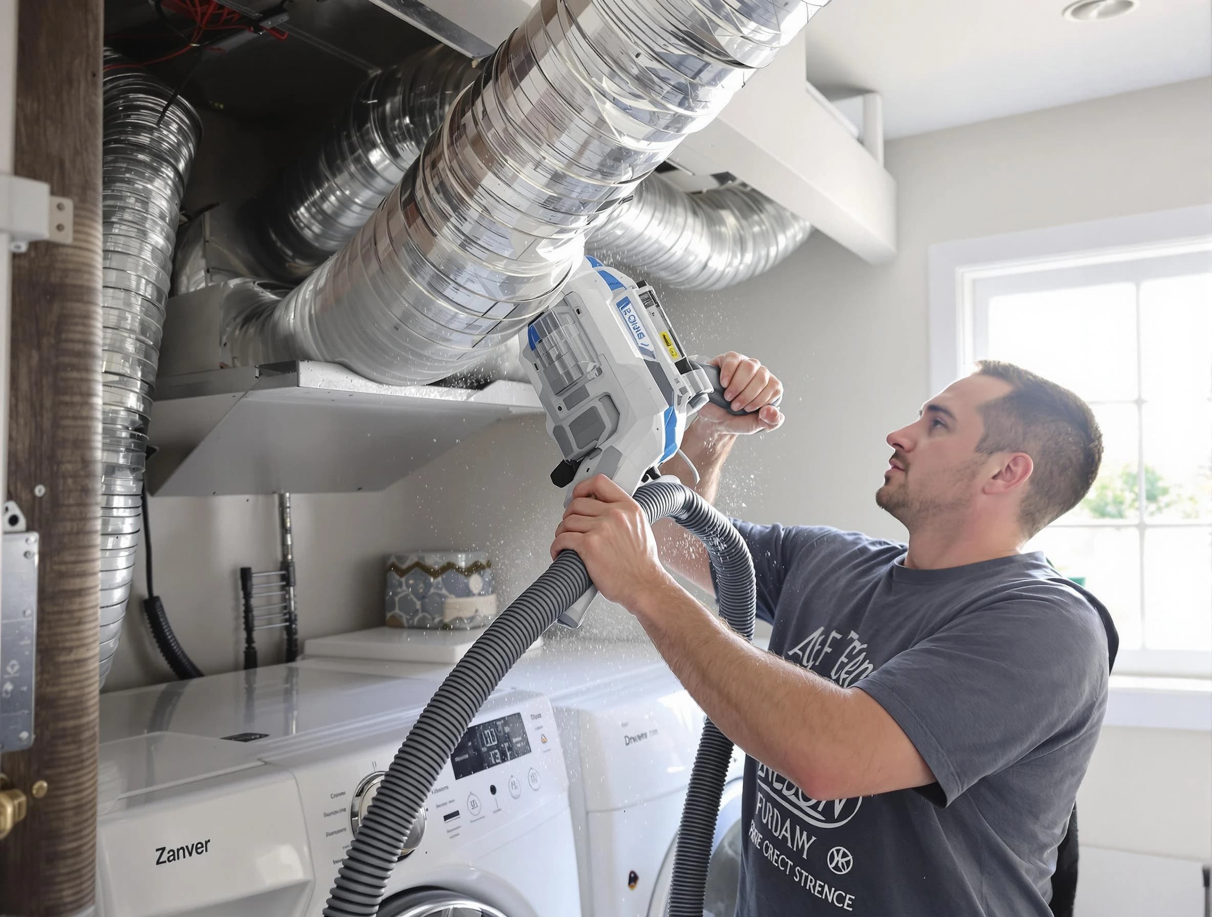 Lowell Dryer Vent Cleaning specialist cleaning deep within a dryer vent duct system in Lowell