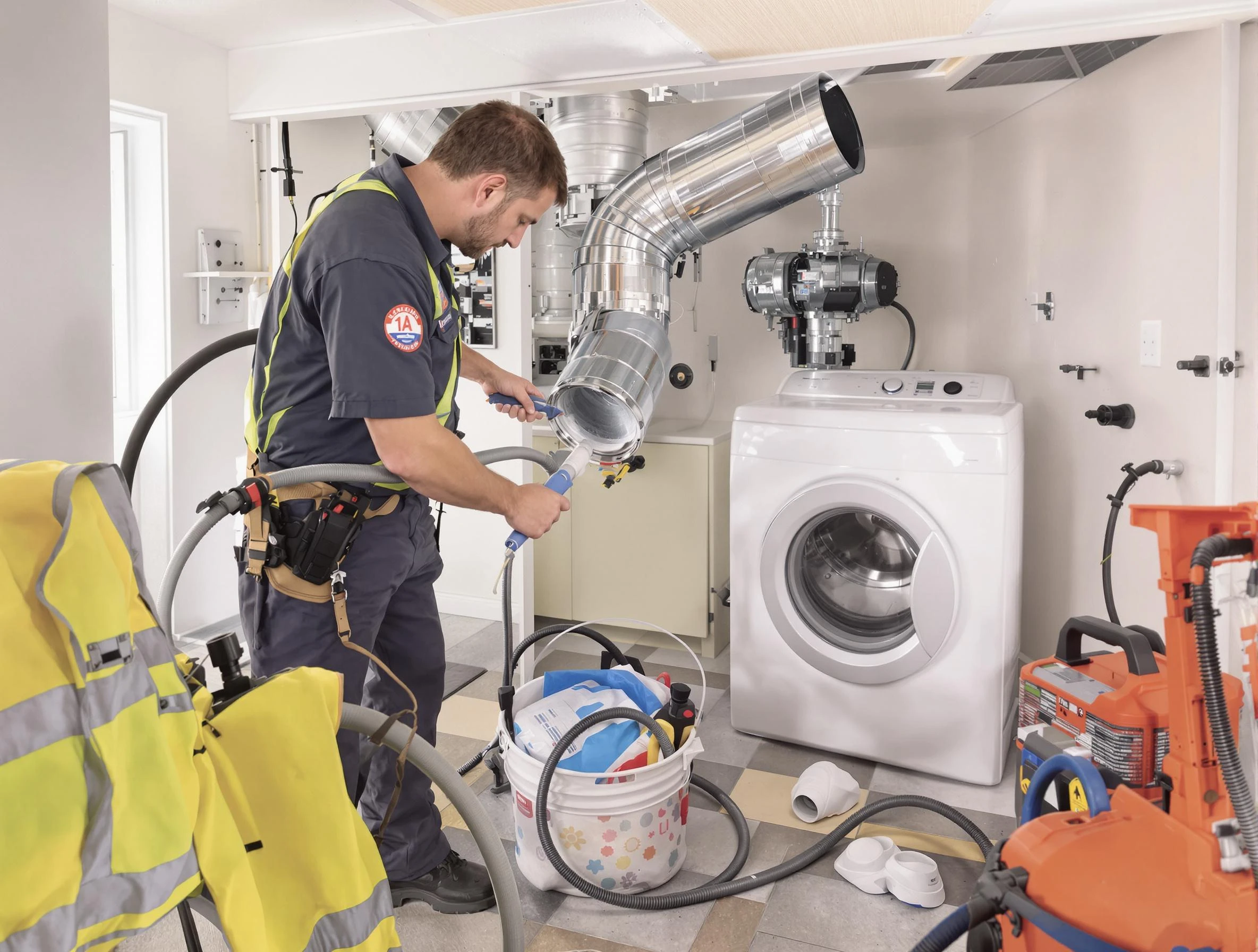 Lowell Dryer Vent Cleaning technician using specialized equipment to clear severe dryer vent blockage in Lowell