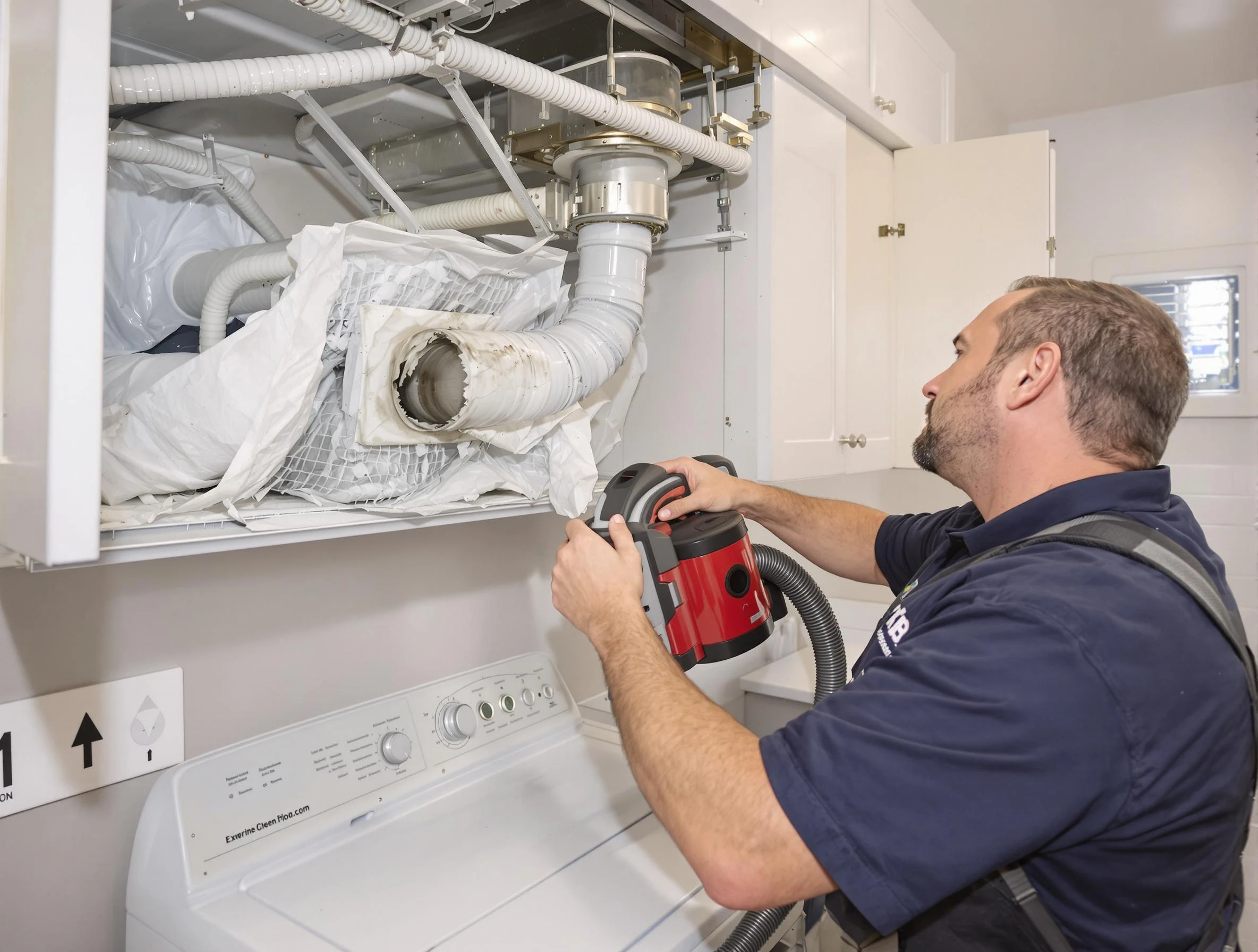Lowell Dryer Vent Cleaning technician performing professional exhaust vent cleaning at a residential property in Lowell